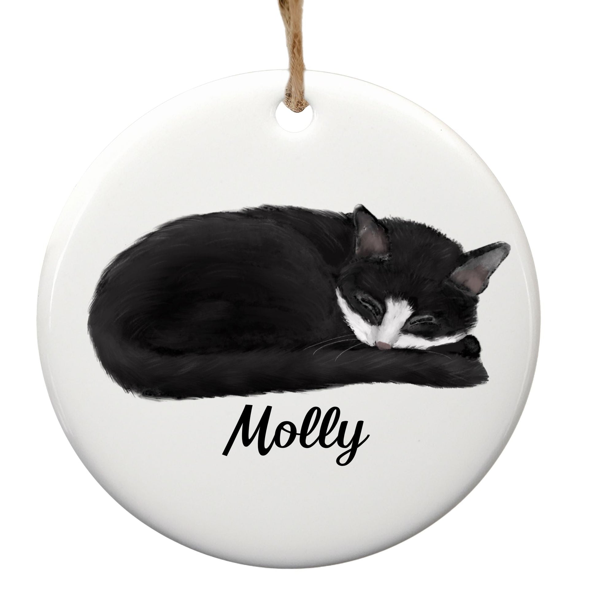 Sleeping Tuxedo Cat Ceramic Ornament - MerikaArt