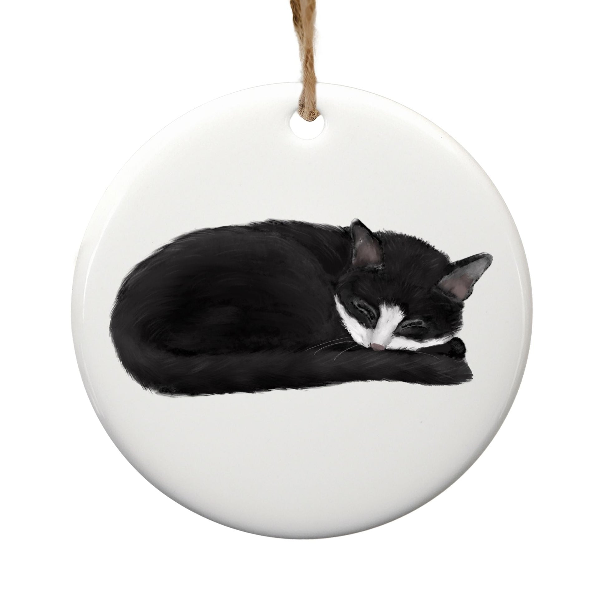 Sleeping Tuxedo Cat Ceramic Ornament - MerikaArt