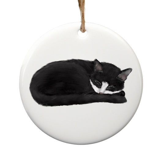 Sleeping Tuxedo Cat Ceramic Ornament - MerikaArt