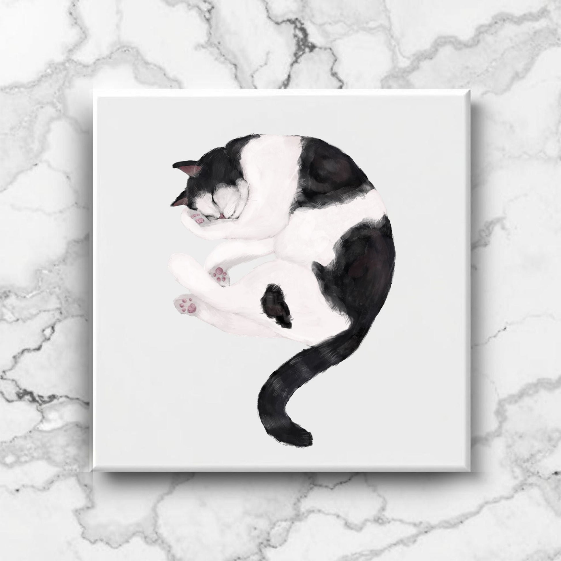 Sleeping Tuxedo Cat Ceramic Tile - MerikaArt