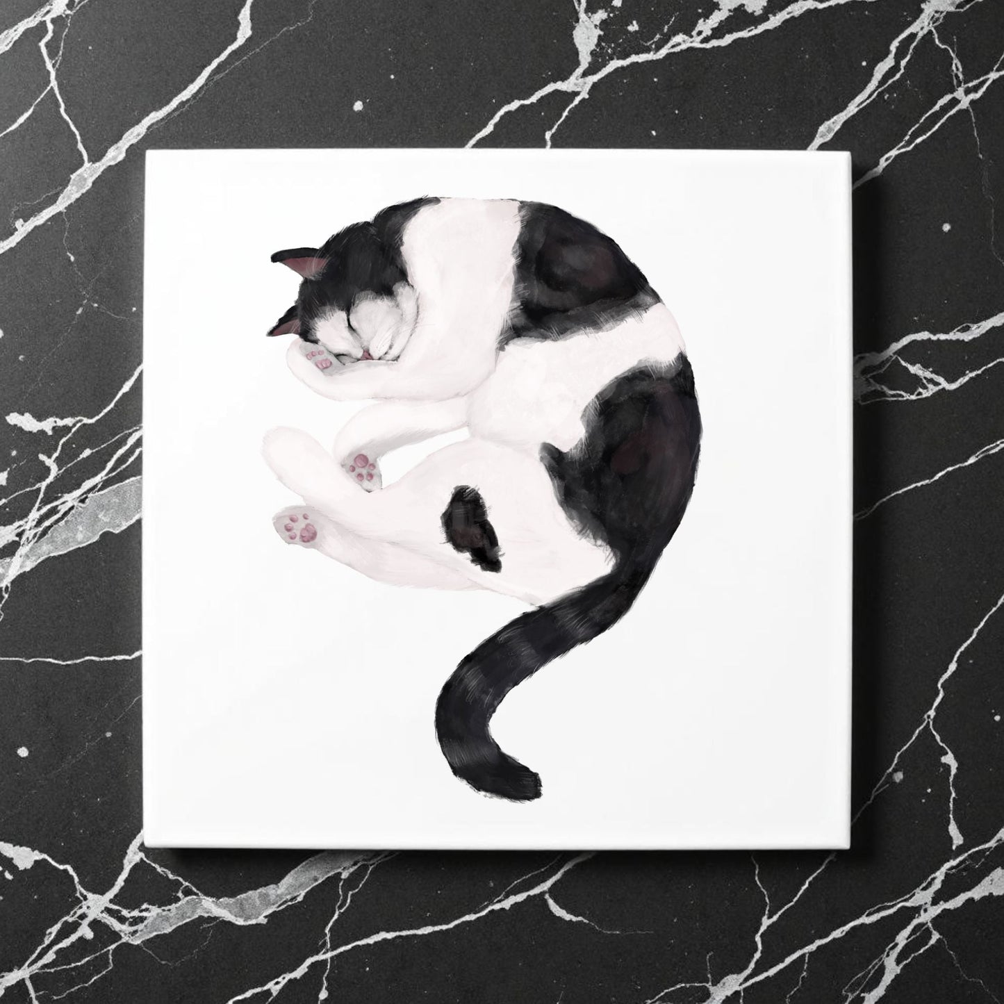 Sleeping Tuxedo Cat Ceramic Tile - MerikaArt