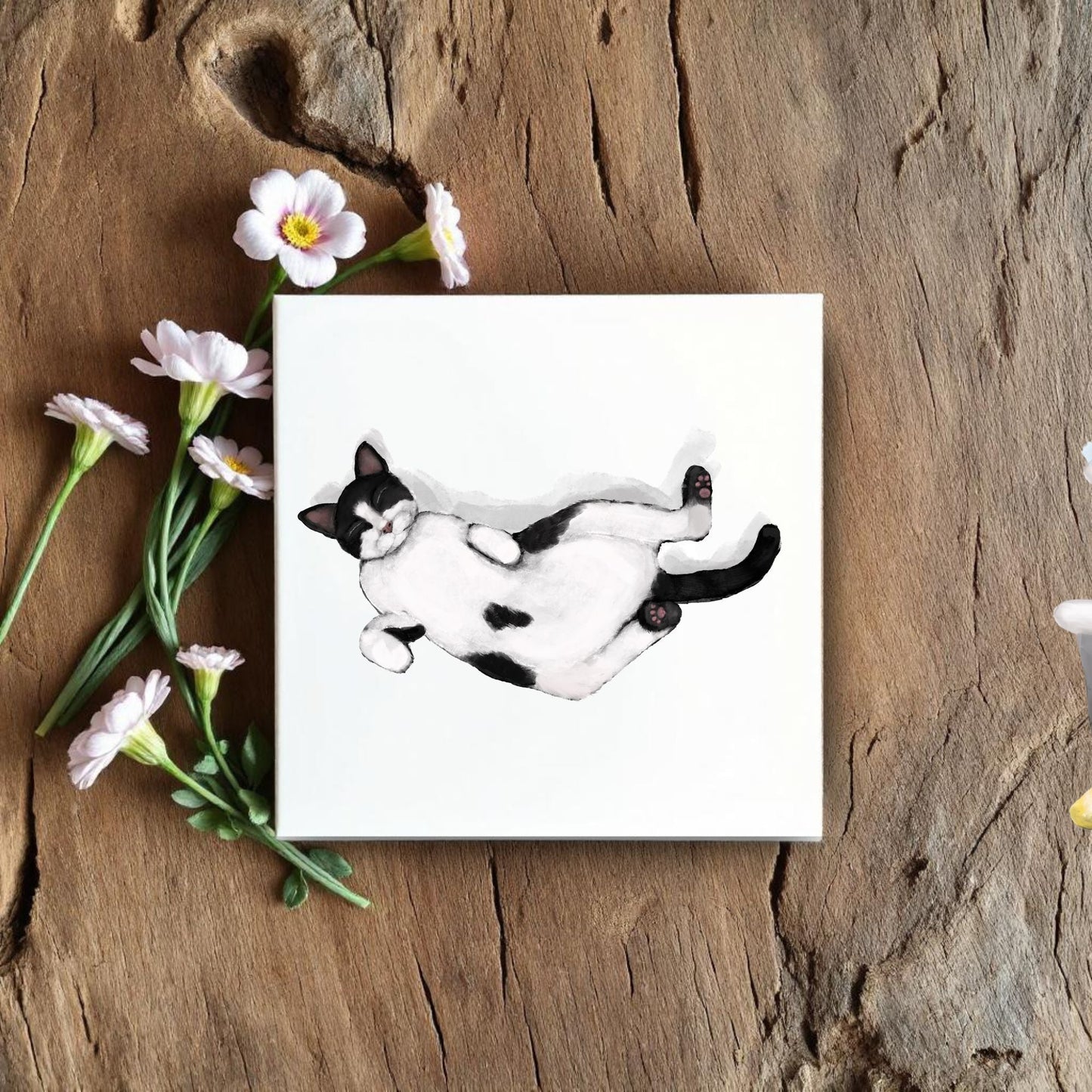 Sleeping Tuxedo Cat Ceramic Tile - MerikaArt