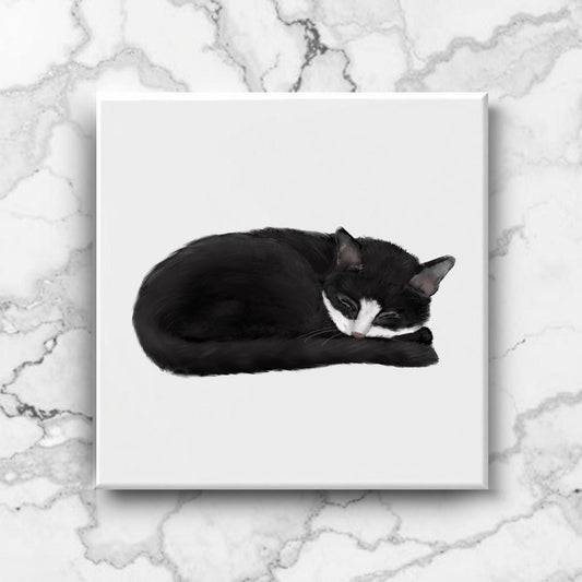 Sleeping Tuxedo Cat Ceramic Tile - MerikaArt