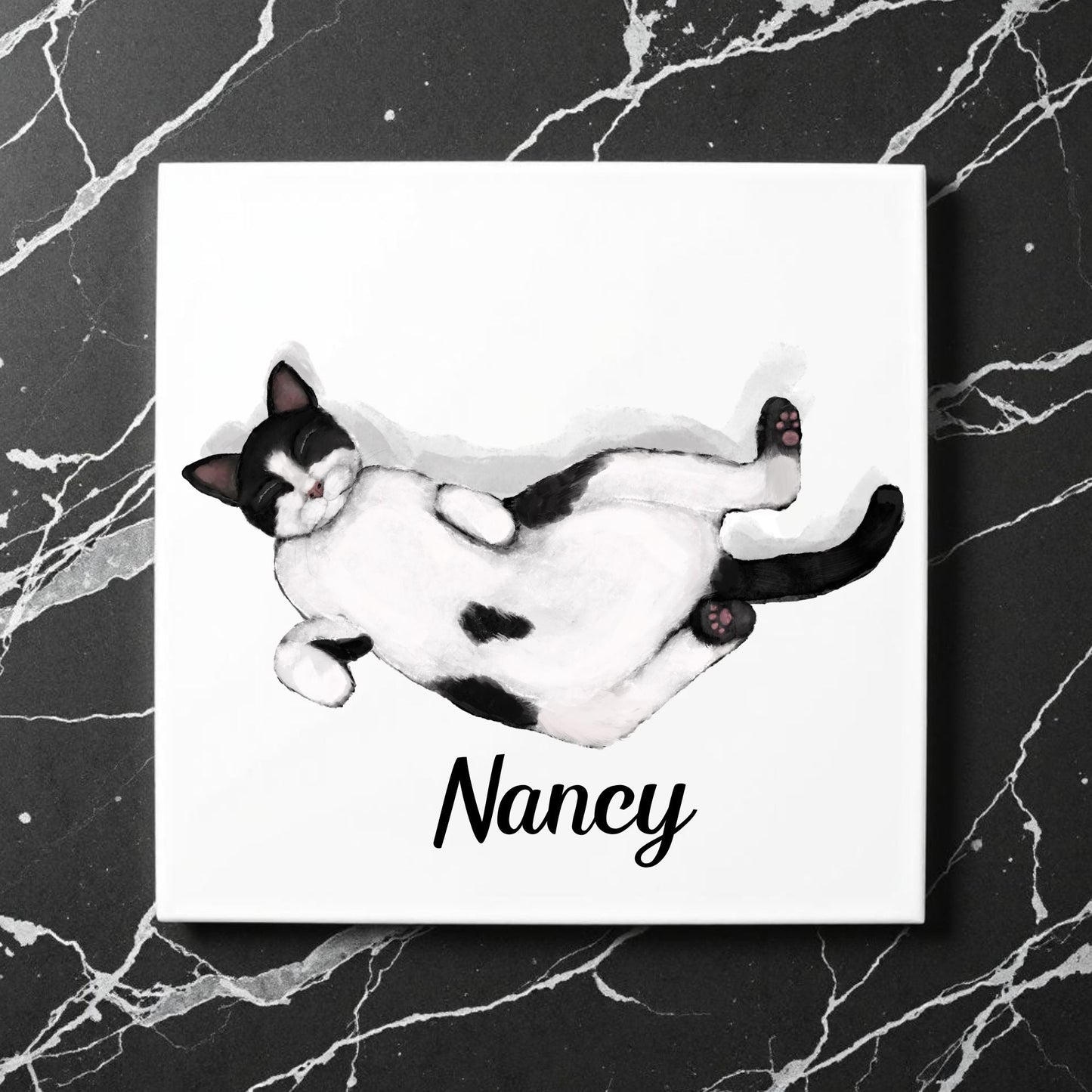 Sleeping Tuxedo Cat Ceramic Tile - MerikaArt