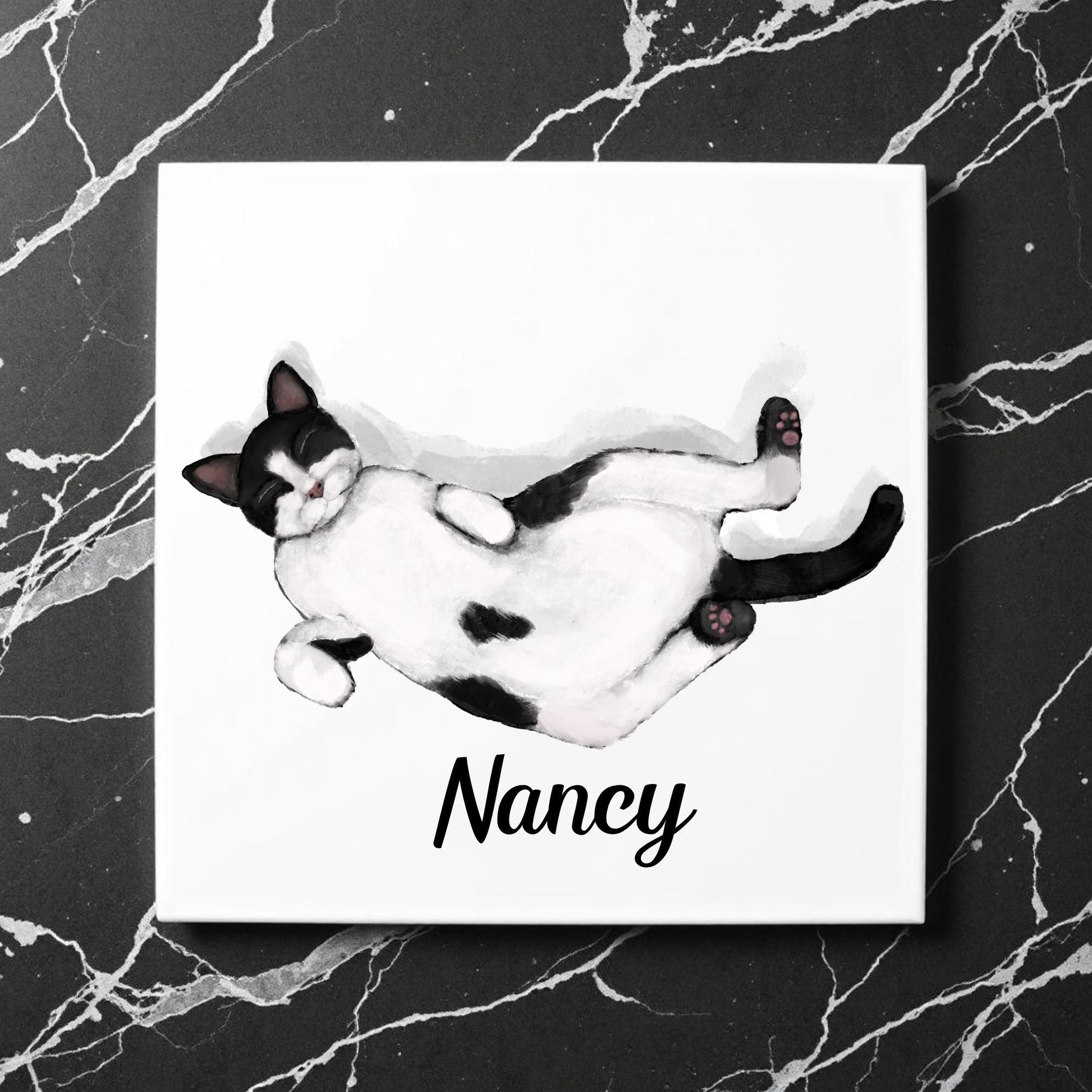 Sleeping Tuxedo Cat Ceramic Tile - MerikaArt