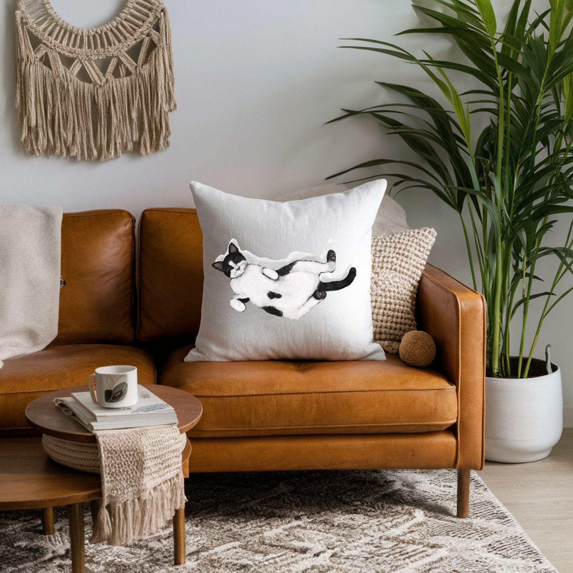 Sleeping Tuxedo Cat Pillow - MerikaArt