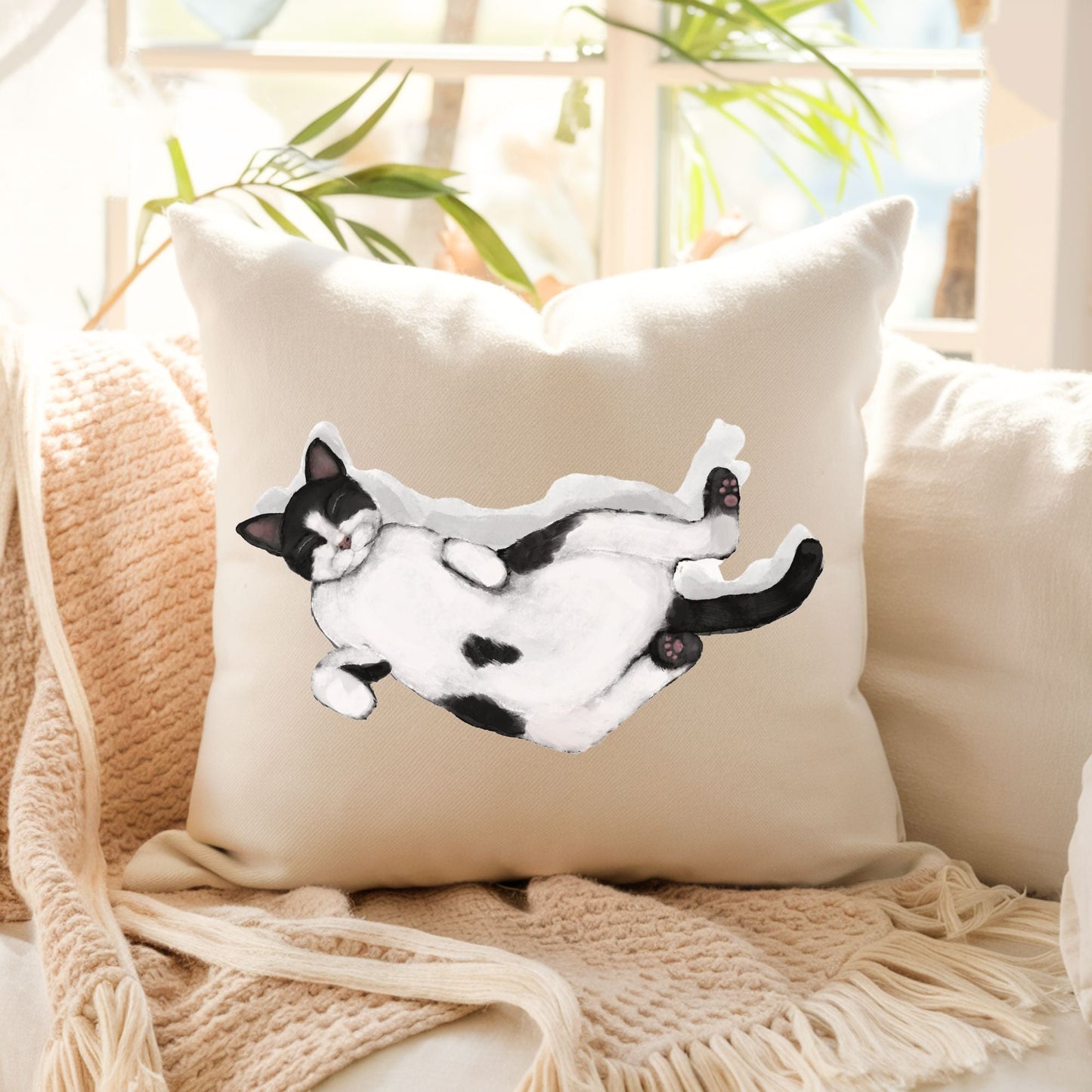 Sleeping Tuxedo Cat Pillow - MerikaArt