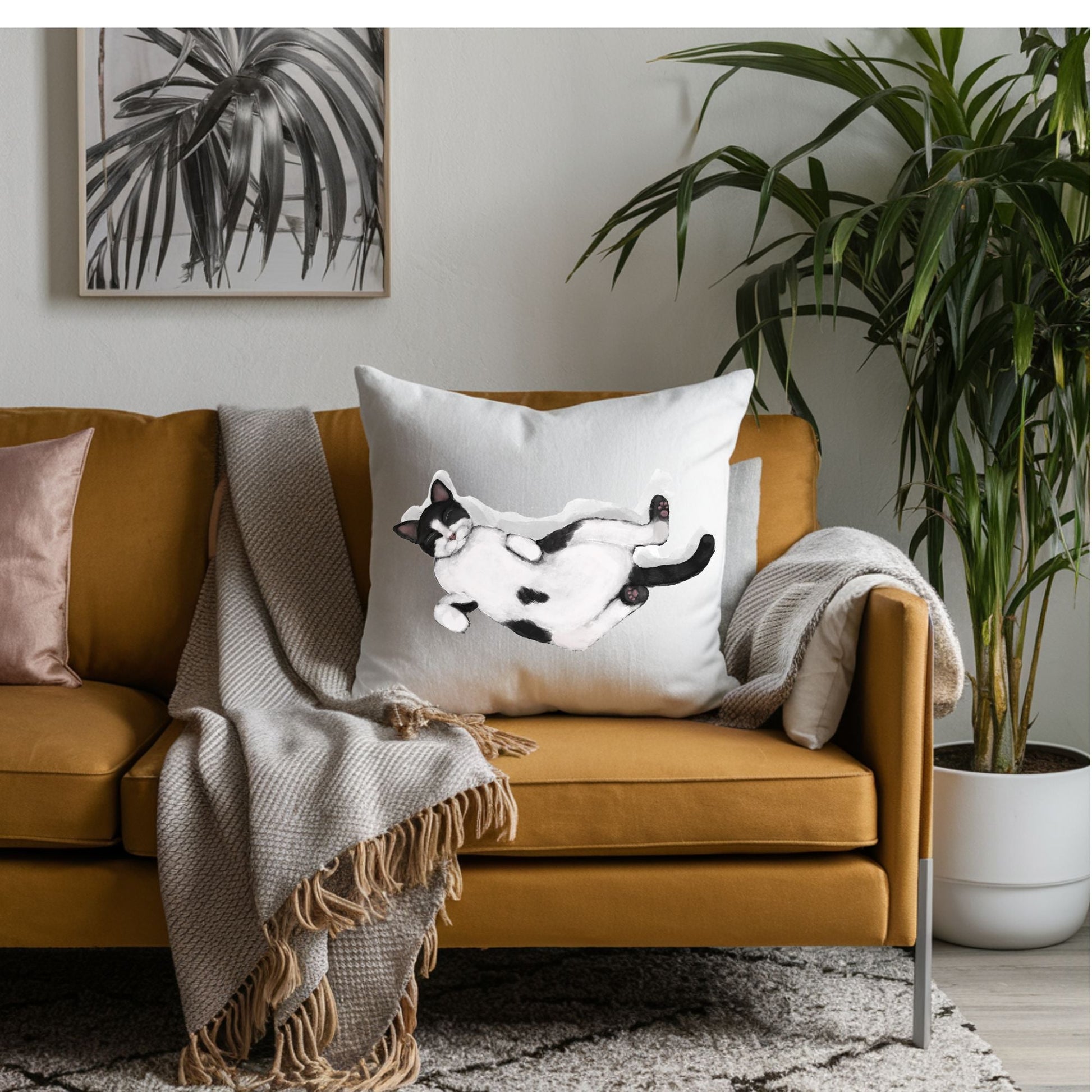 Sleeping Tuxedo Cat Pillow - MerikaArt