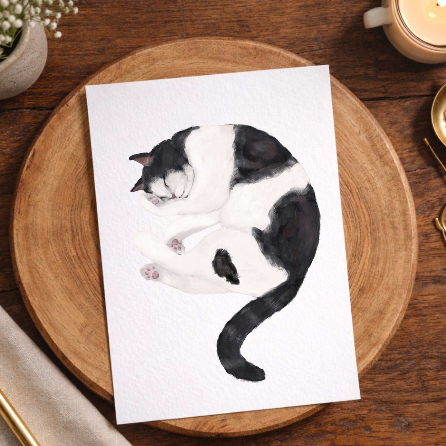Sleeping Tuxedo Cat Postcard - MerikaArt