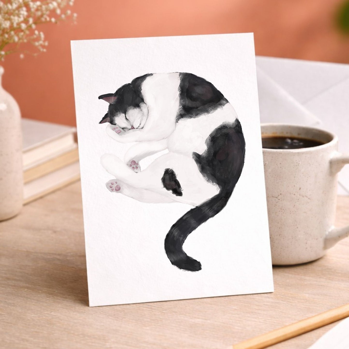 Sleeping Tuxedo Cat Postcard - MerikaArt