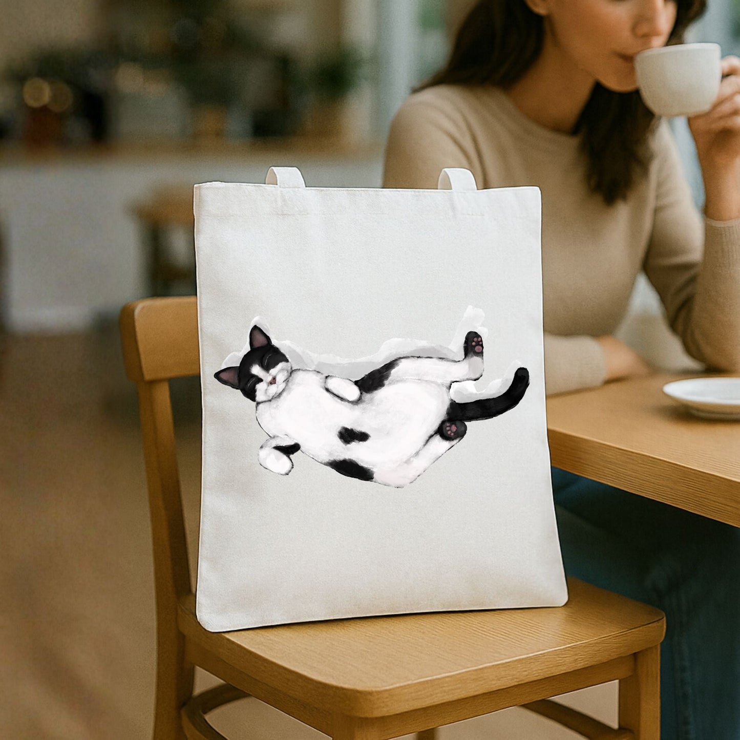 Sleeping Tuxedo Cat Tote Bag - MerikaArt