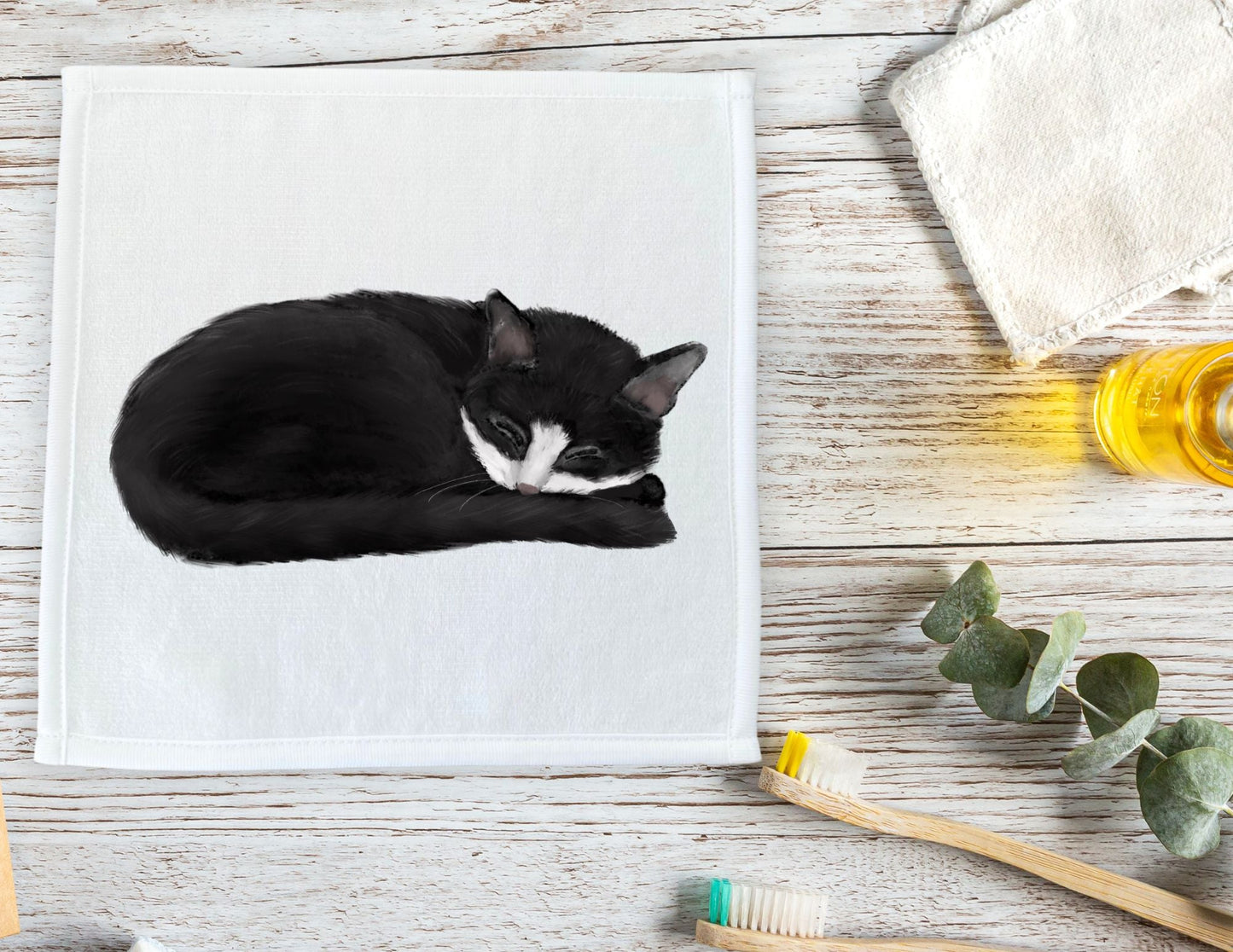 Sleeping Tuxedo Cat Washcloth - MerikaArt