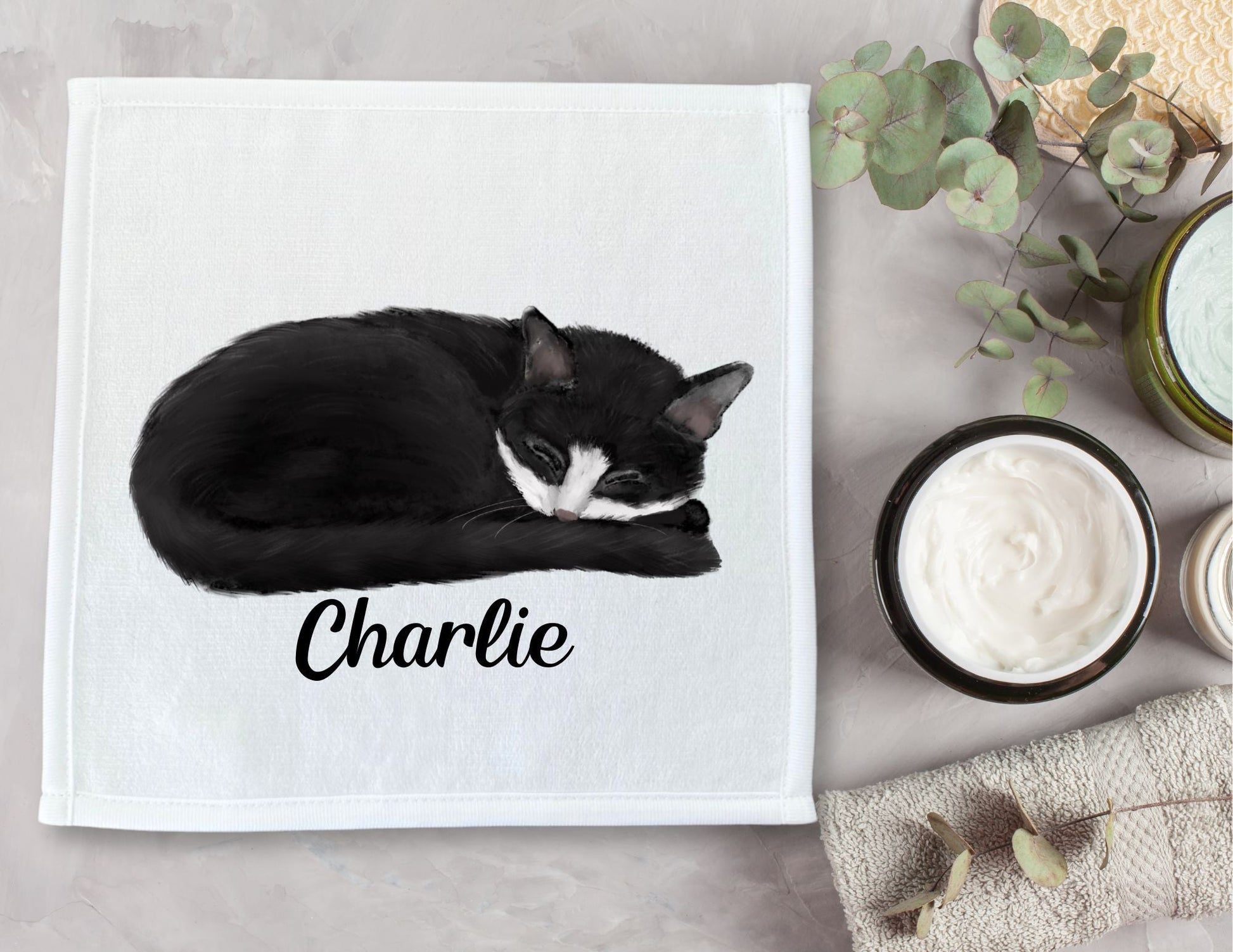 Sleeping Tuxedo Cat Washcloth - MerikaArt