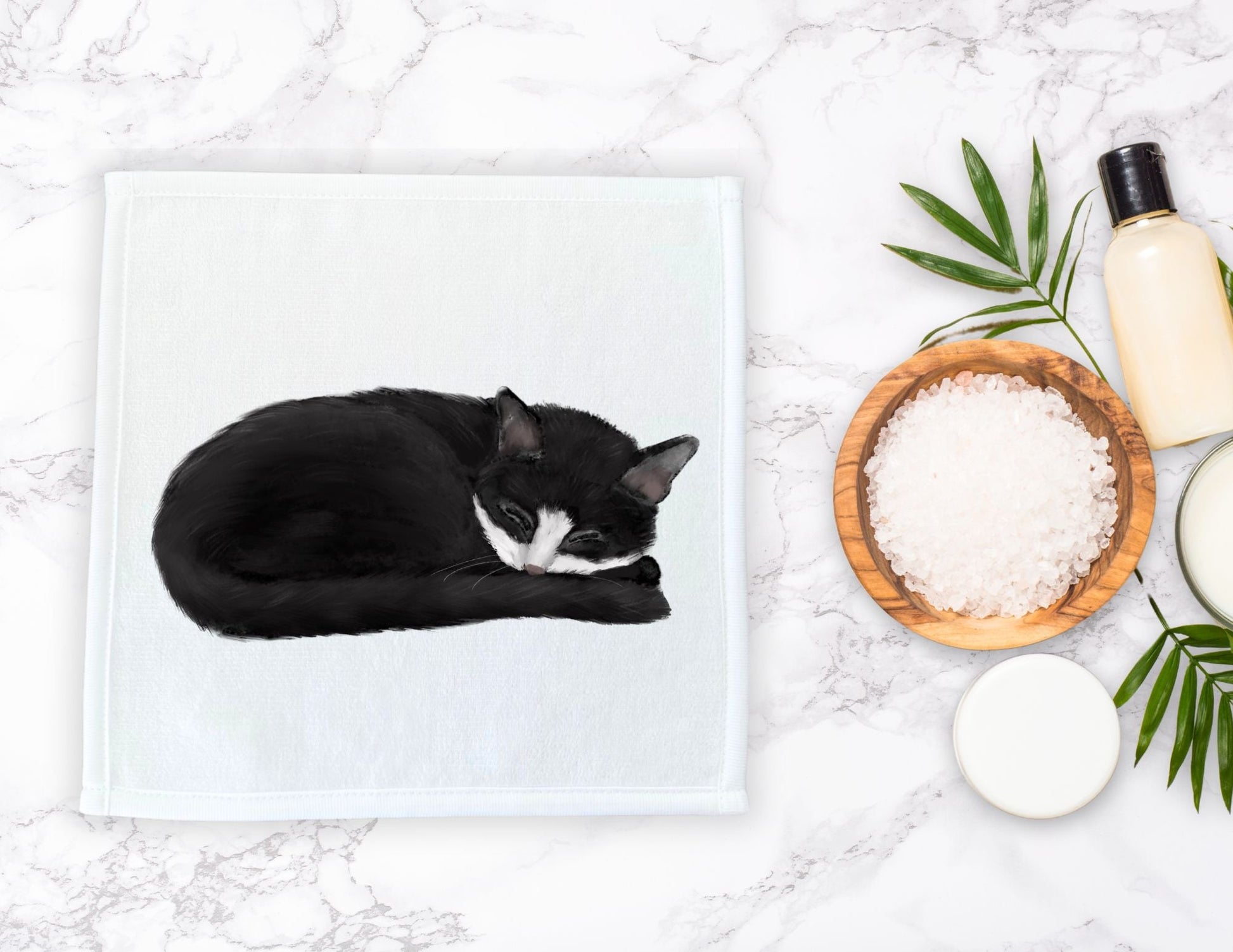 Sleeping Tuxedo Cat Washcloth - MerikaArt