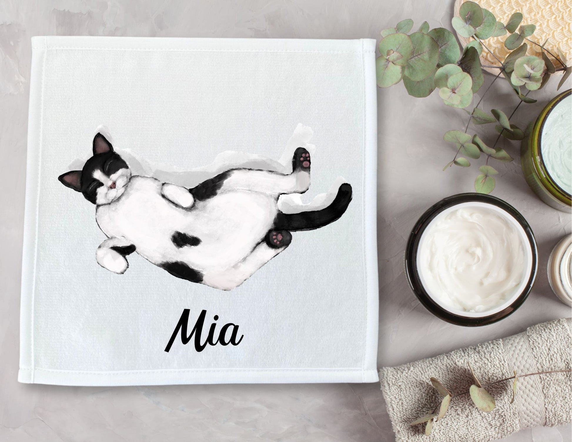 Sleeping Tuxedo Cat Washcloth - MerikaArt