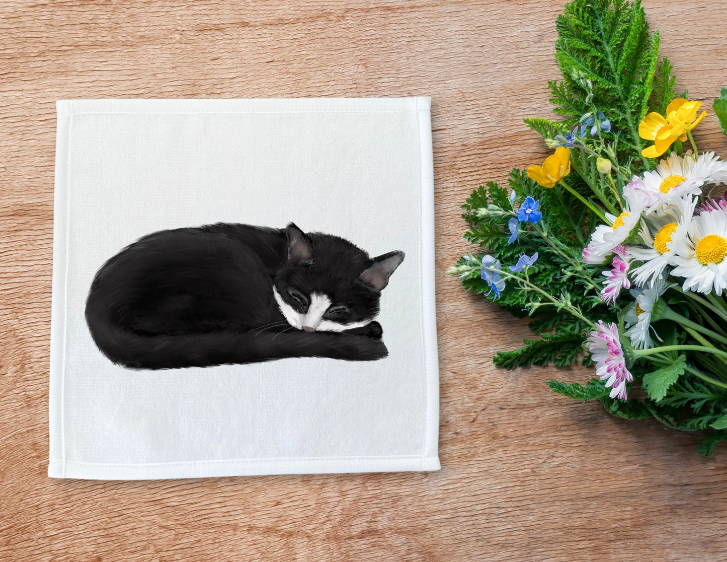Sleeping Tuxedo Cat Washcloth - MerikaArt