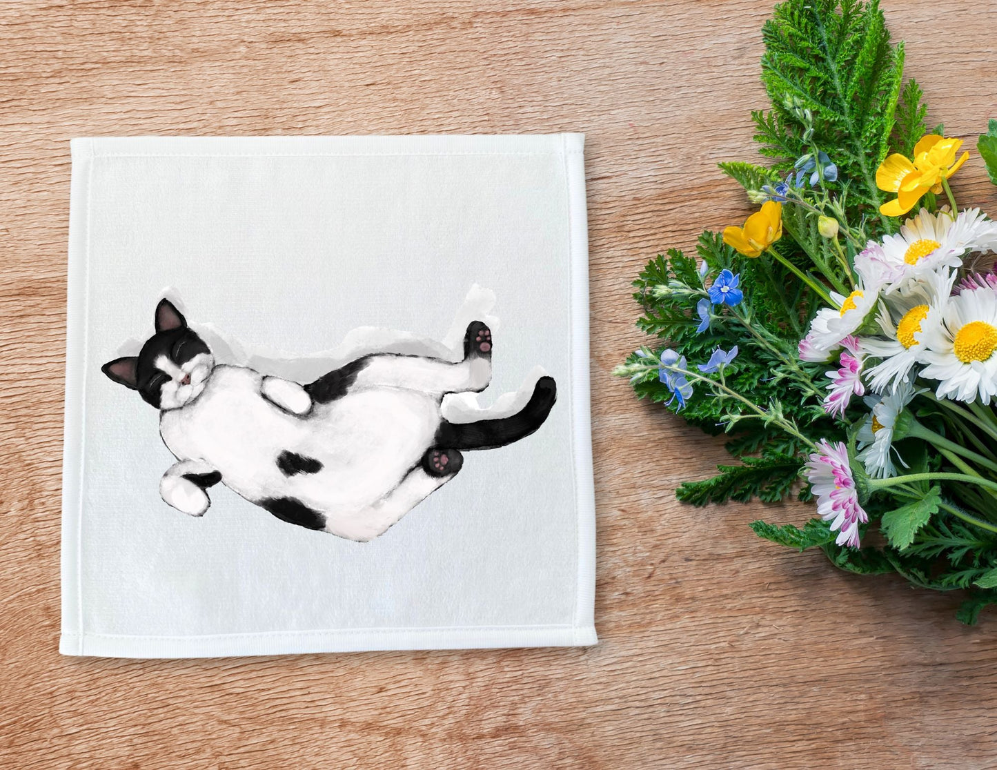 Sleeping Tuxedo Cat Washcloth - MerikaArt