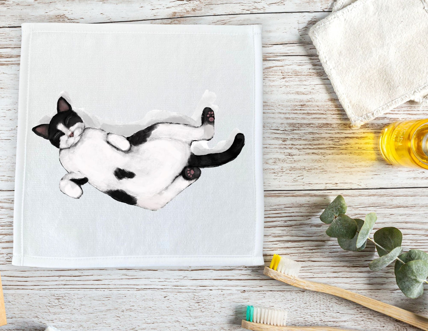 Sleeping Tuxedo Cat Washcloth - MerikaArt