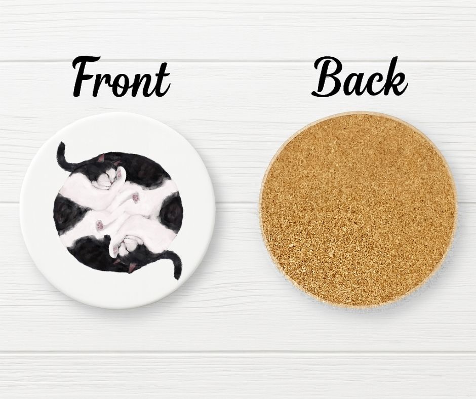 Sleeping Tuxedo Cats Ceramic Coaster - MerikaArt
