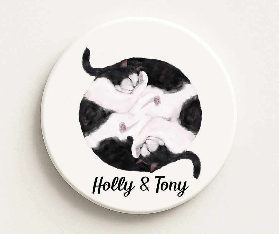Sleeping Tuxedo Cats Ceramic Coaster - MerikaArt