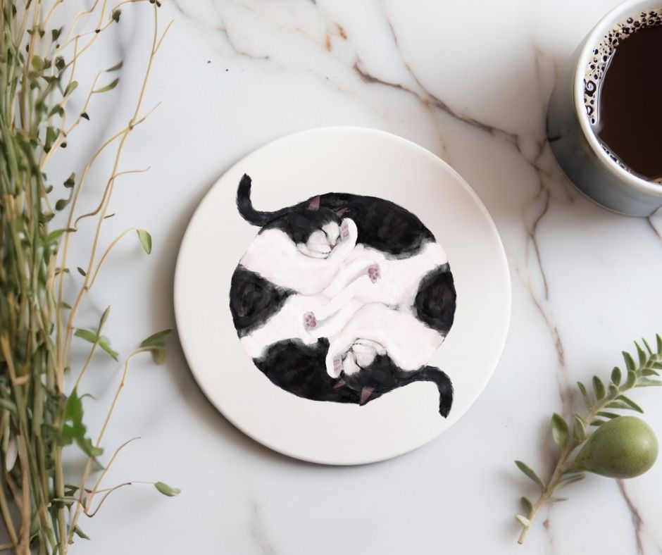 Sleeping Tuxedo Cats Ceramic Coaster - MerikaArt