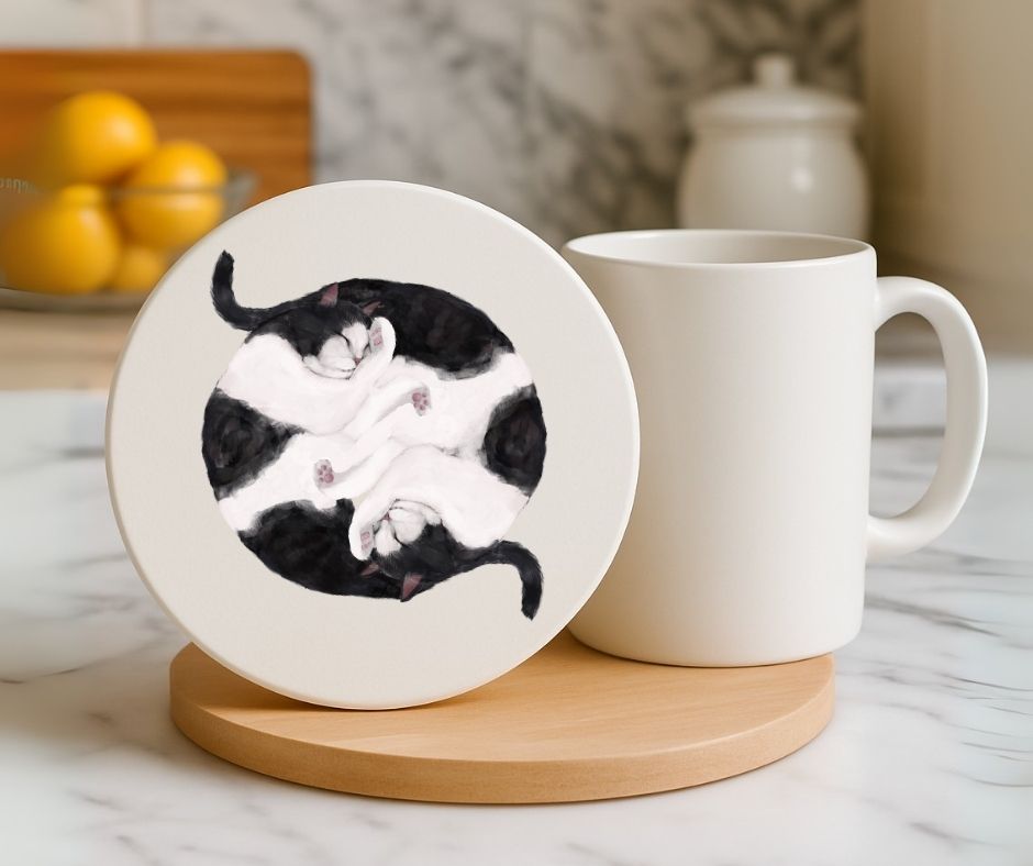 Sleeping Tuxedo Cats Ceramic Coaster - MerikaArt