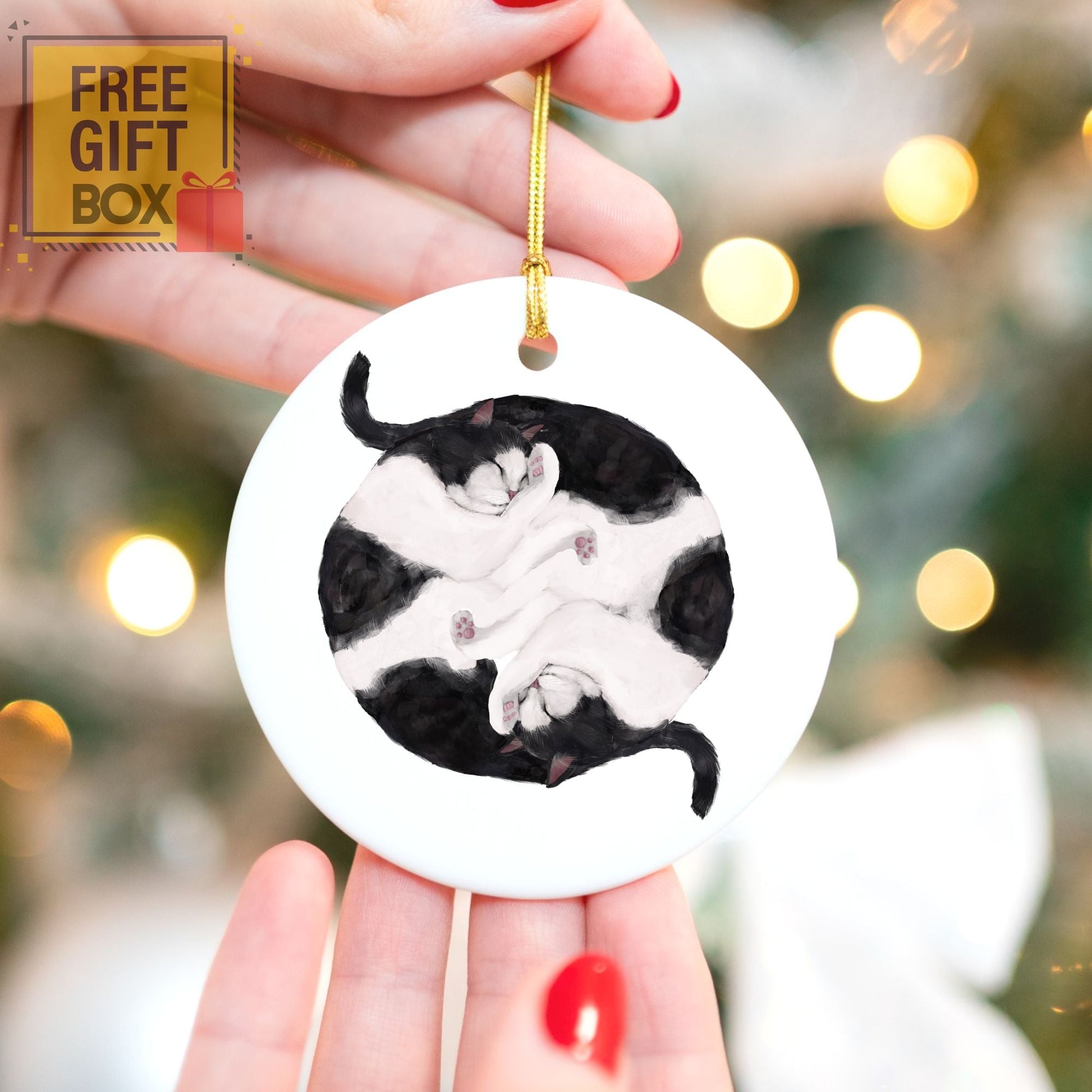 Sleeping Tuxedo Cats Ceramic Ornament - MerikaArt