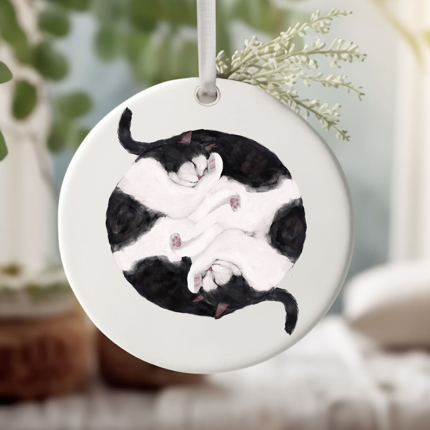 Sleeping Tuxedo Cats Ceramic Ornament - MerikaArt