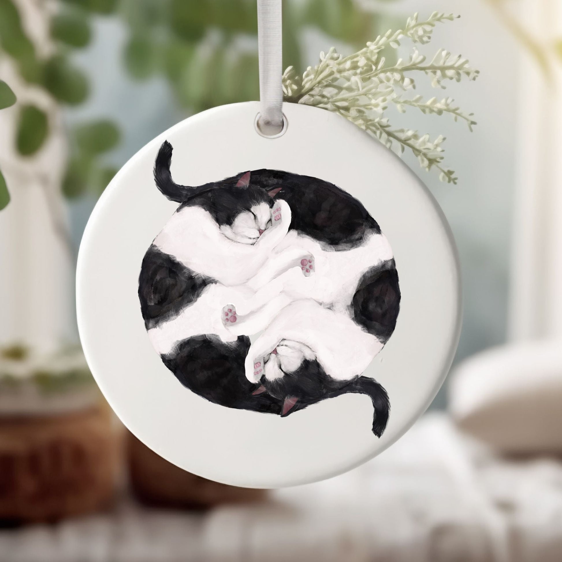 Sleeping Tuxedo Cats Ceramic Ornament - MerikaArt