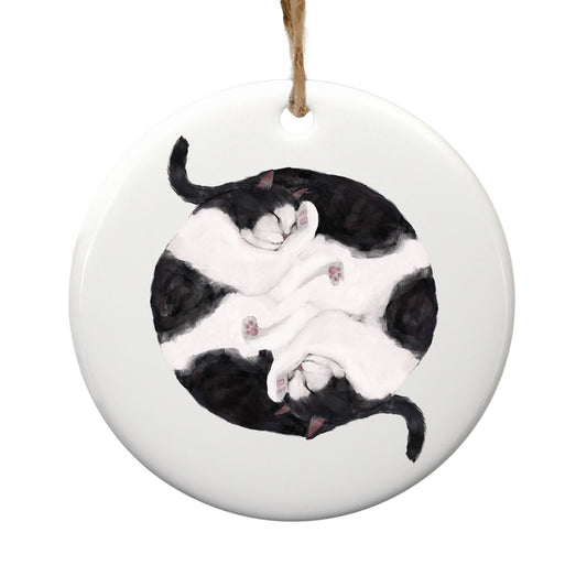 Sleeping Tuxedo Cats Ceramic Ornament - MerikaArt