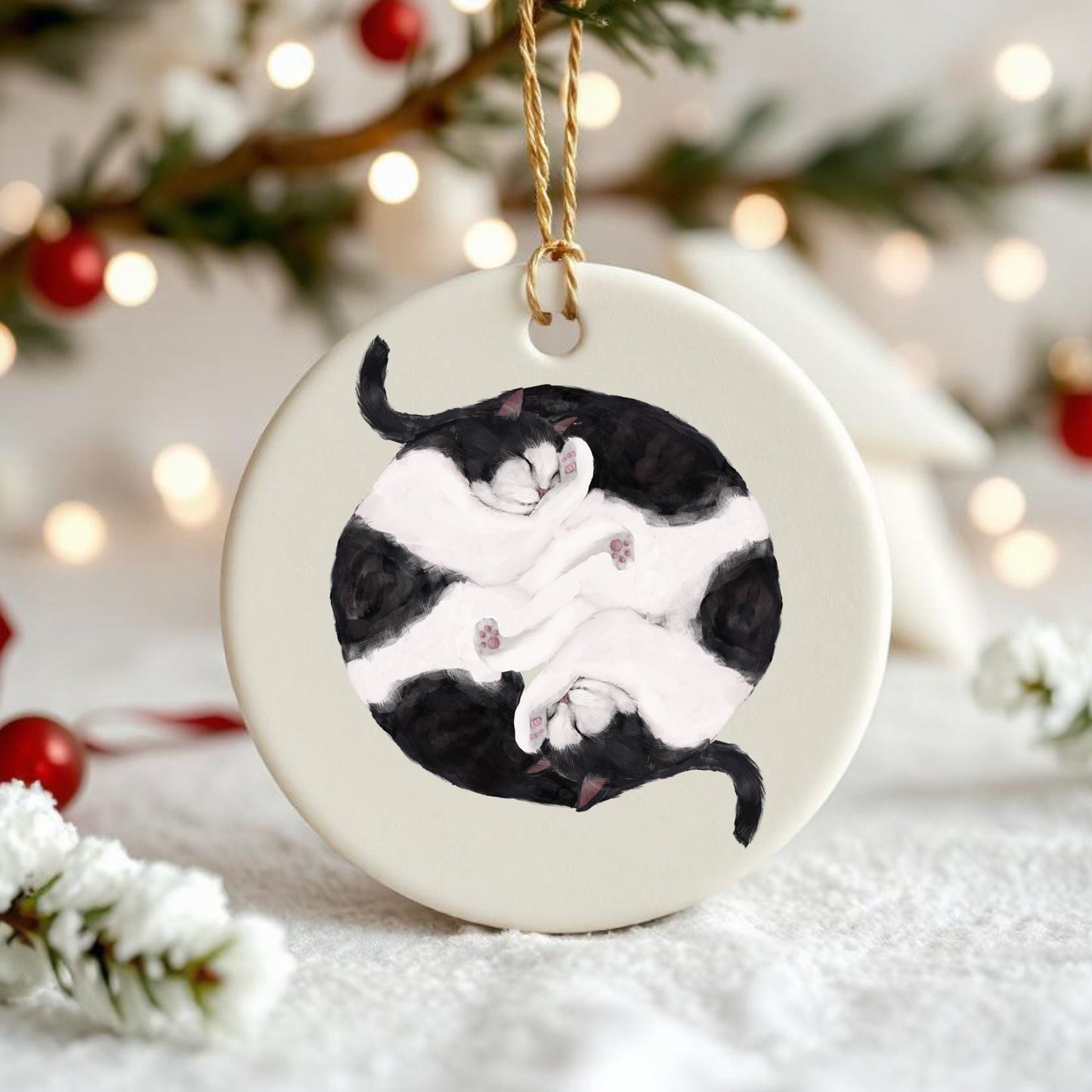Sleeping Tuxedo Cats Ceramic Ornament - MerikaArt