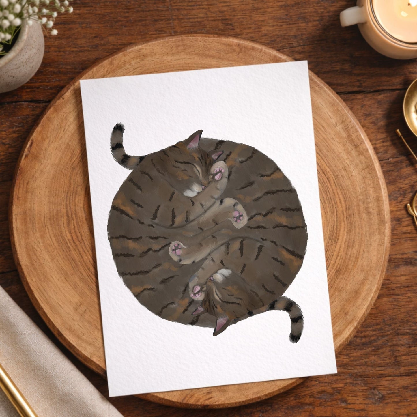 Sleeping Twin Tabby Cats Postcard - MerikaArt