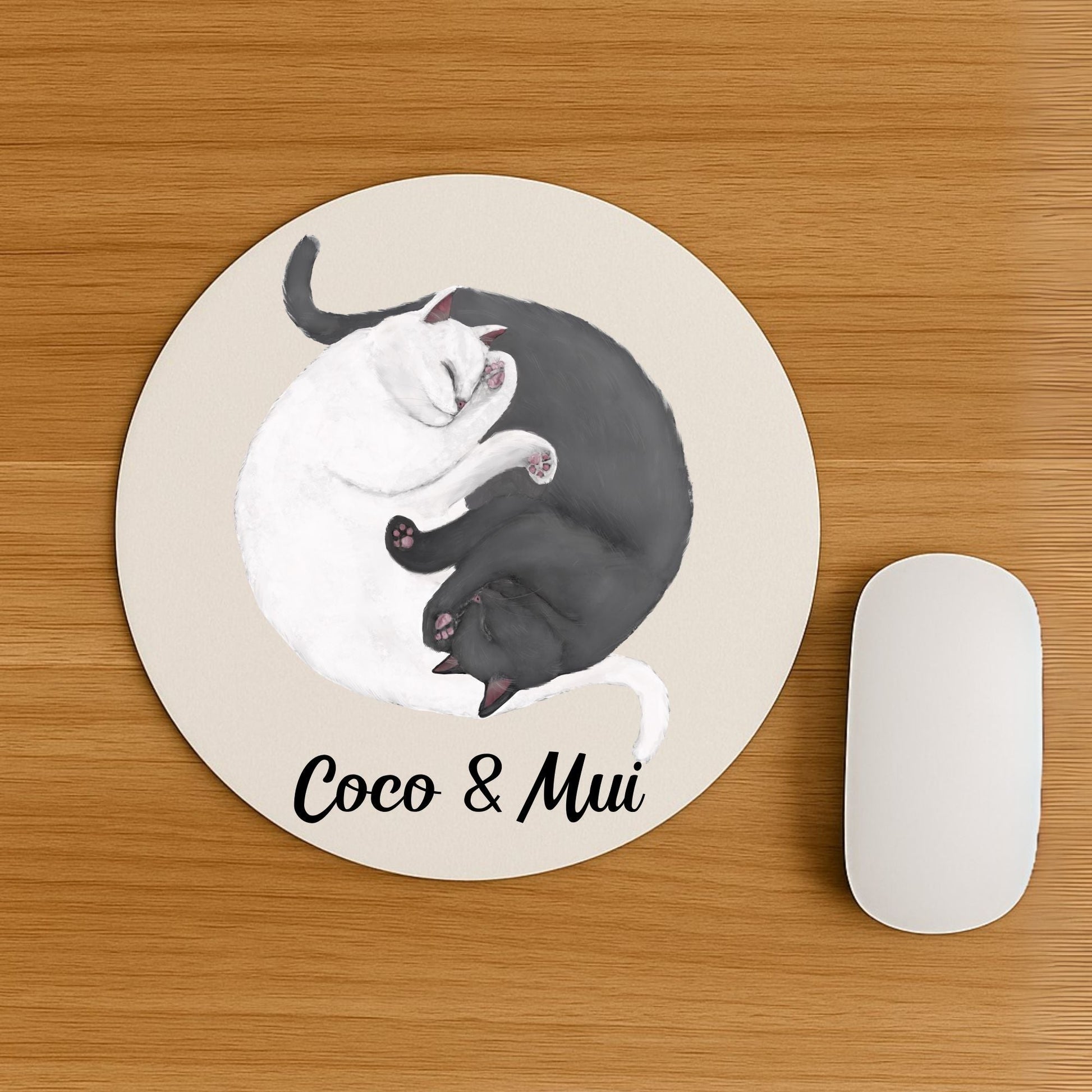 Sleeping White and Black Cats Mousepad - MerikaArt