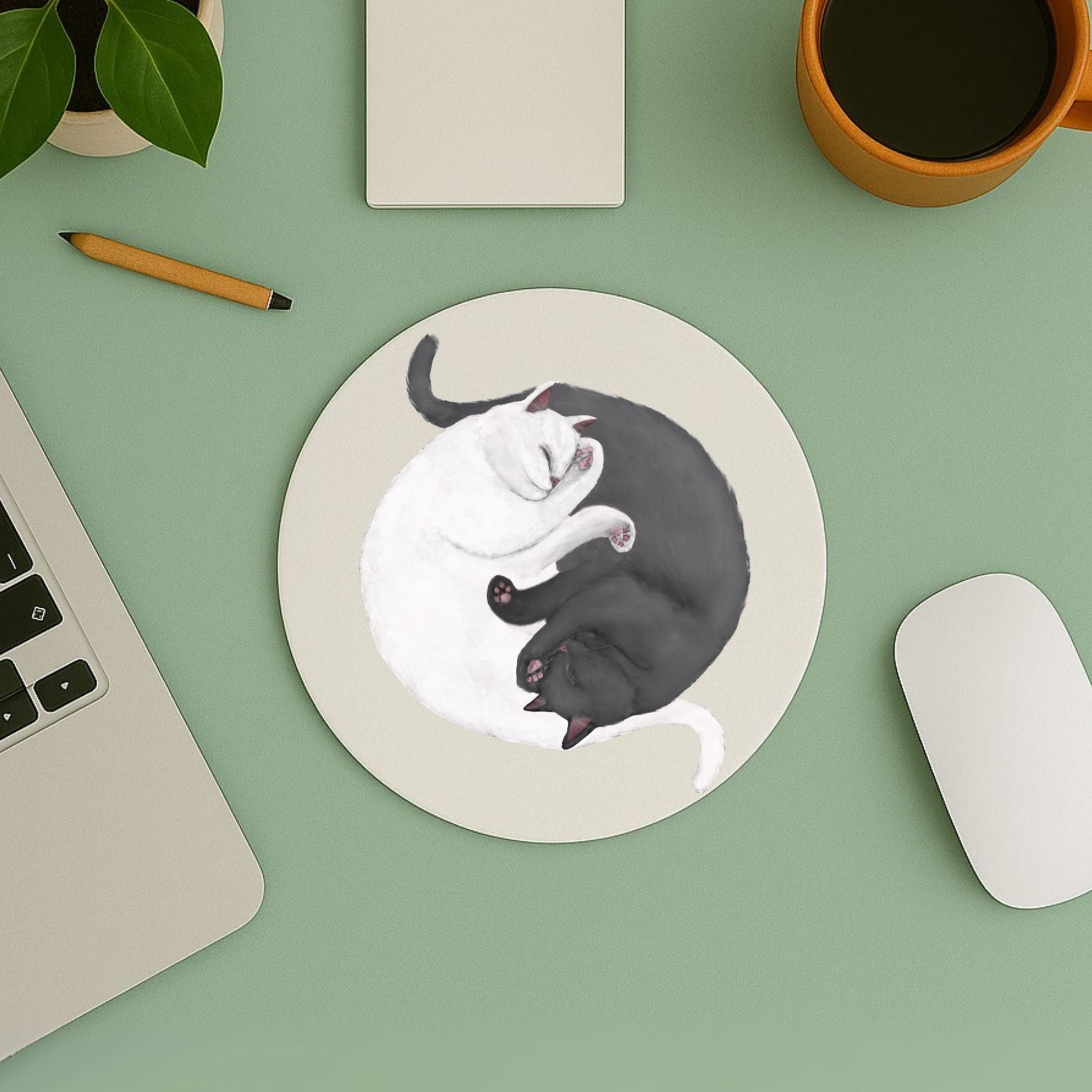 Sleeping White and Black Cats Mousepad - MerikaArt