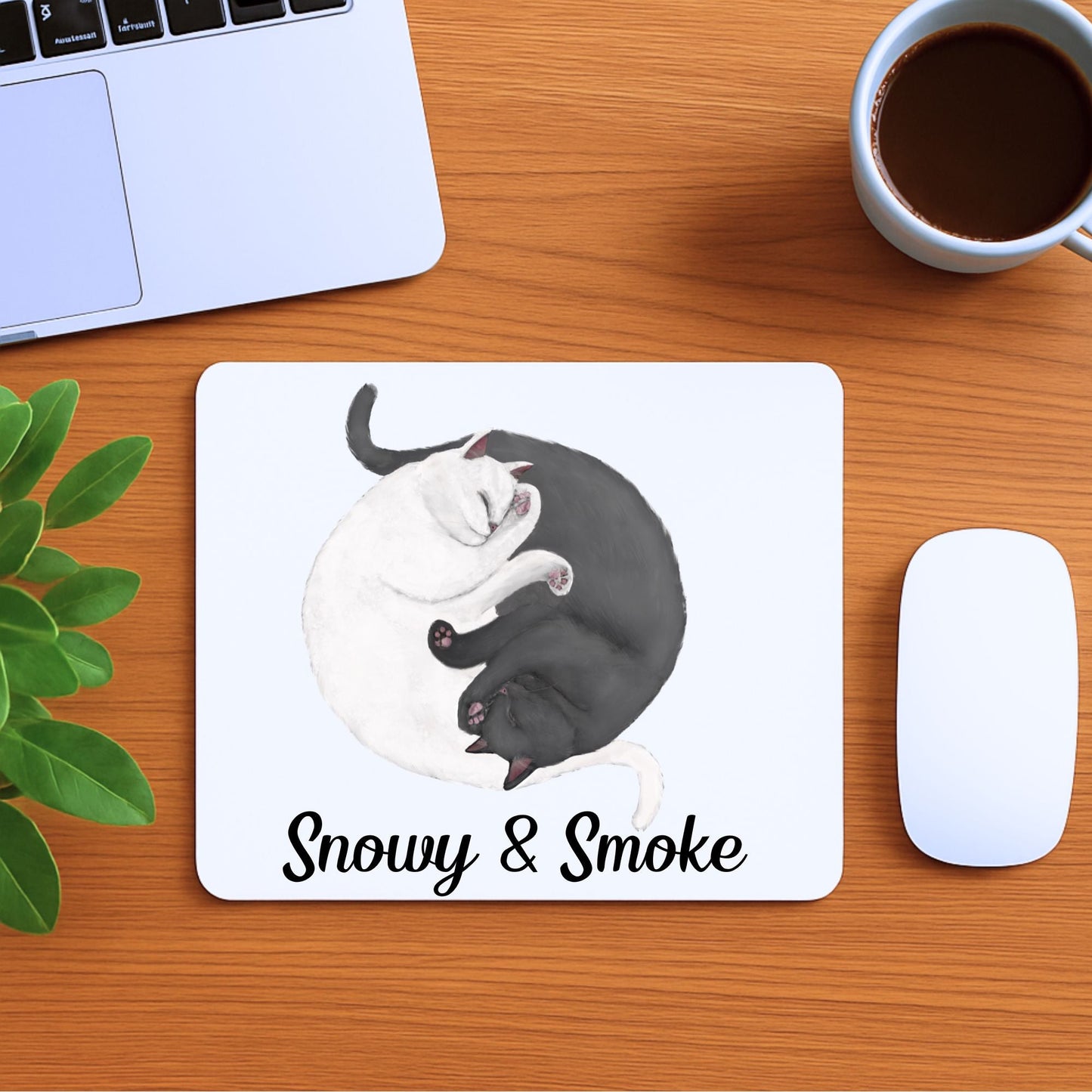 Sleeping White and Black Cats Mousepad - MerikaArt