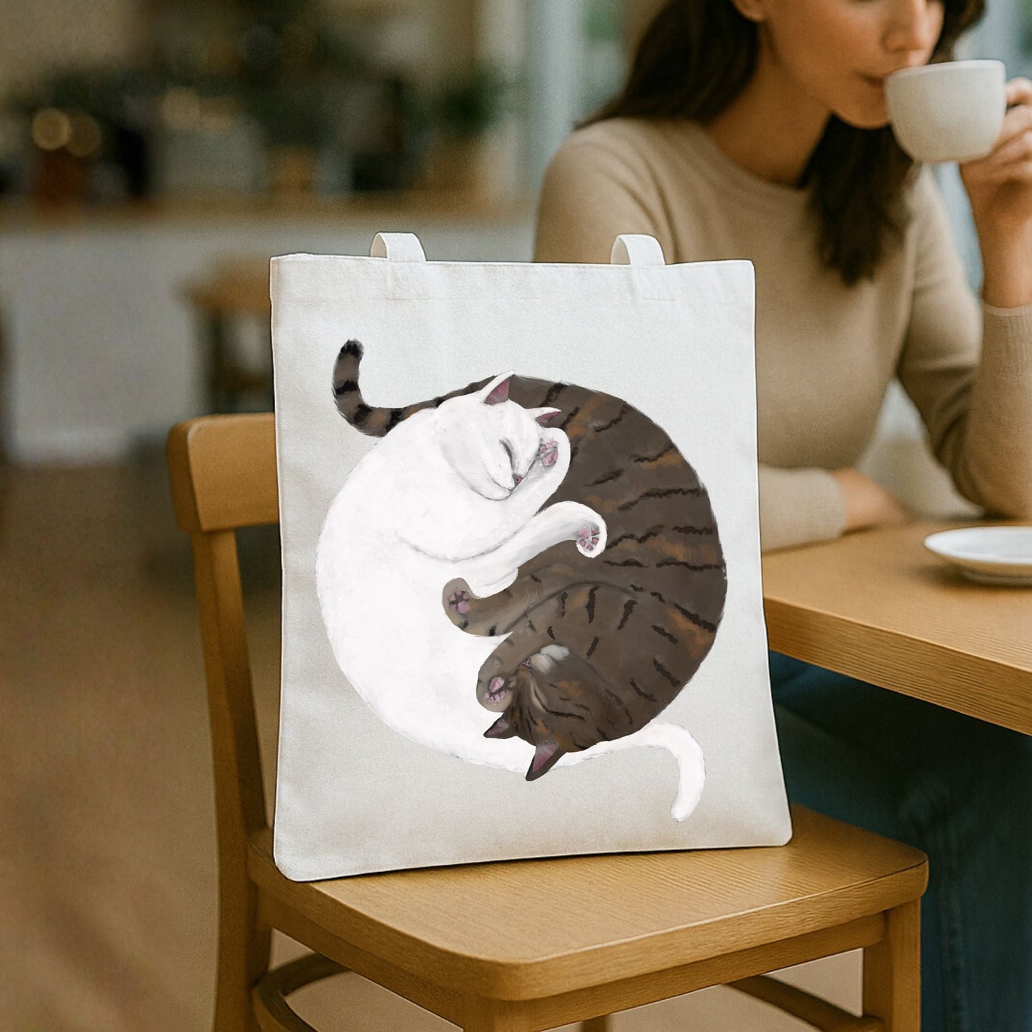 Sleeping White and Brown Tabby Cats Canvas Tote Bag - MerikaArt