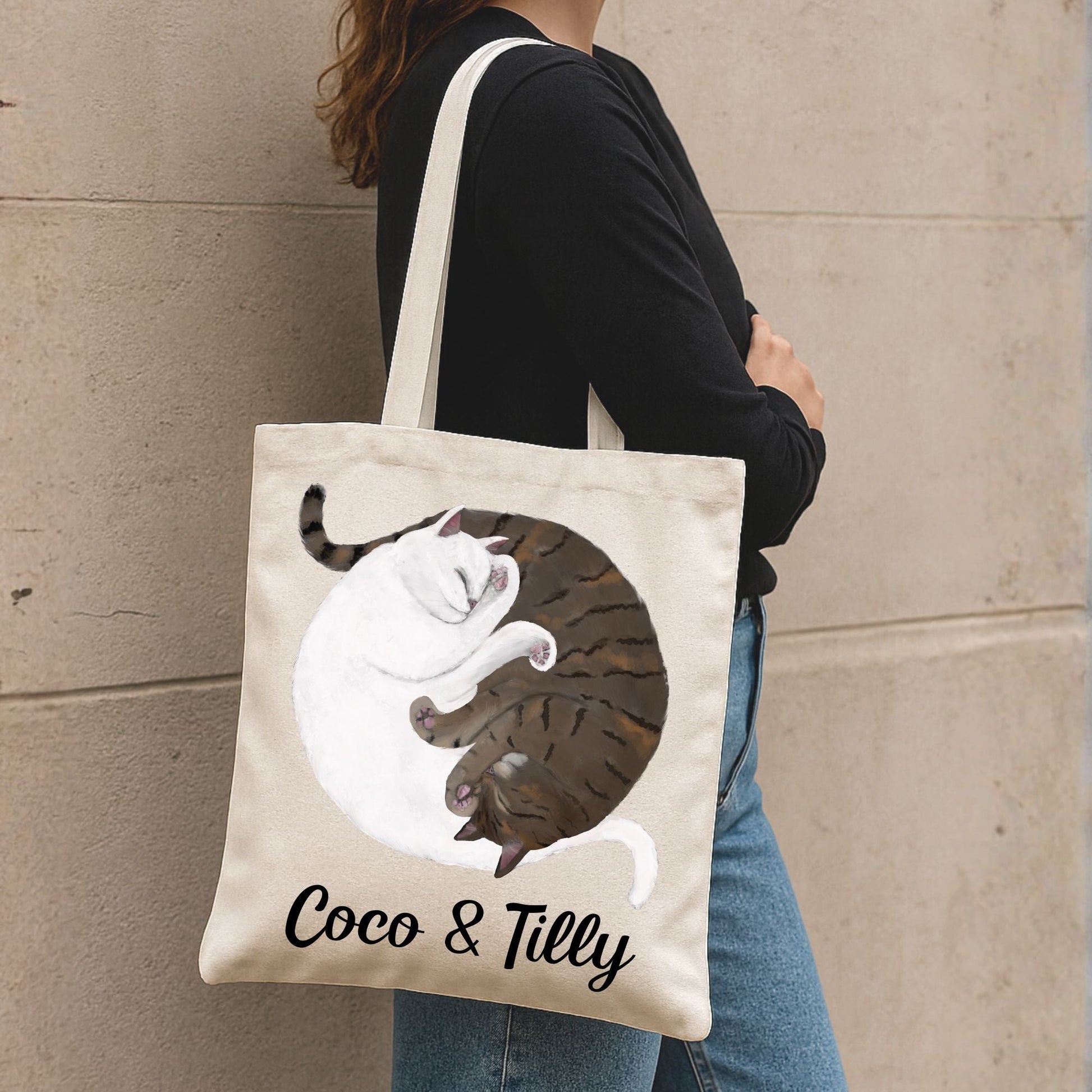 Sleeping White and Brown Tabby Cats Canvas Tote Bag - MerikaArt