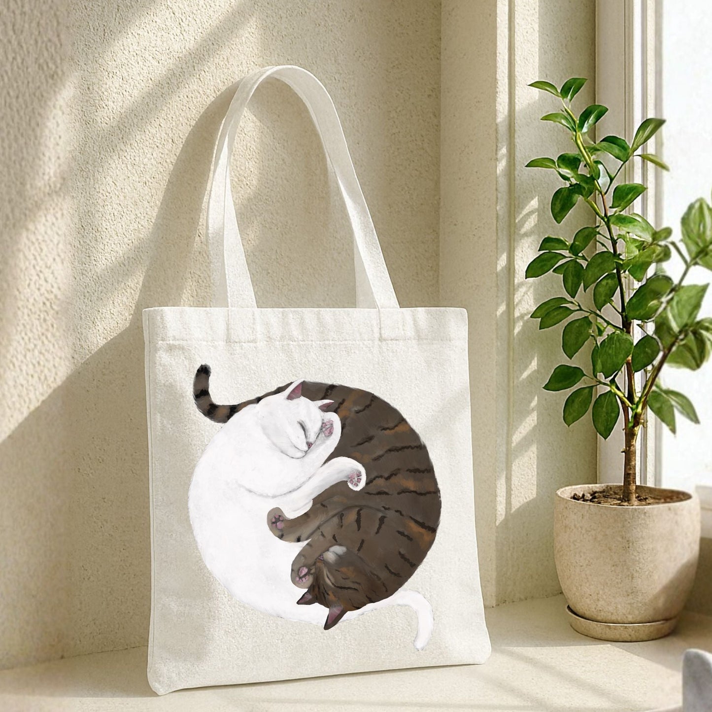 Sleeping White and Brown Tabby Cats Canvas Tote Bag - MerikaArt