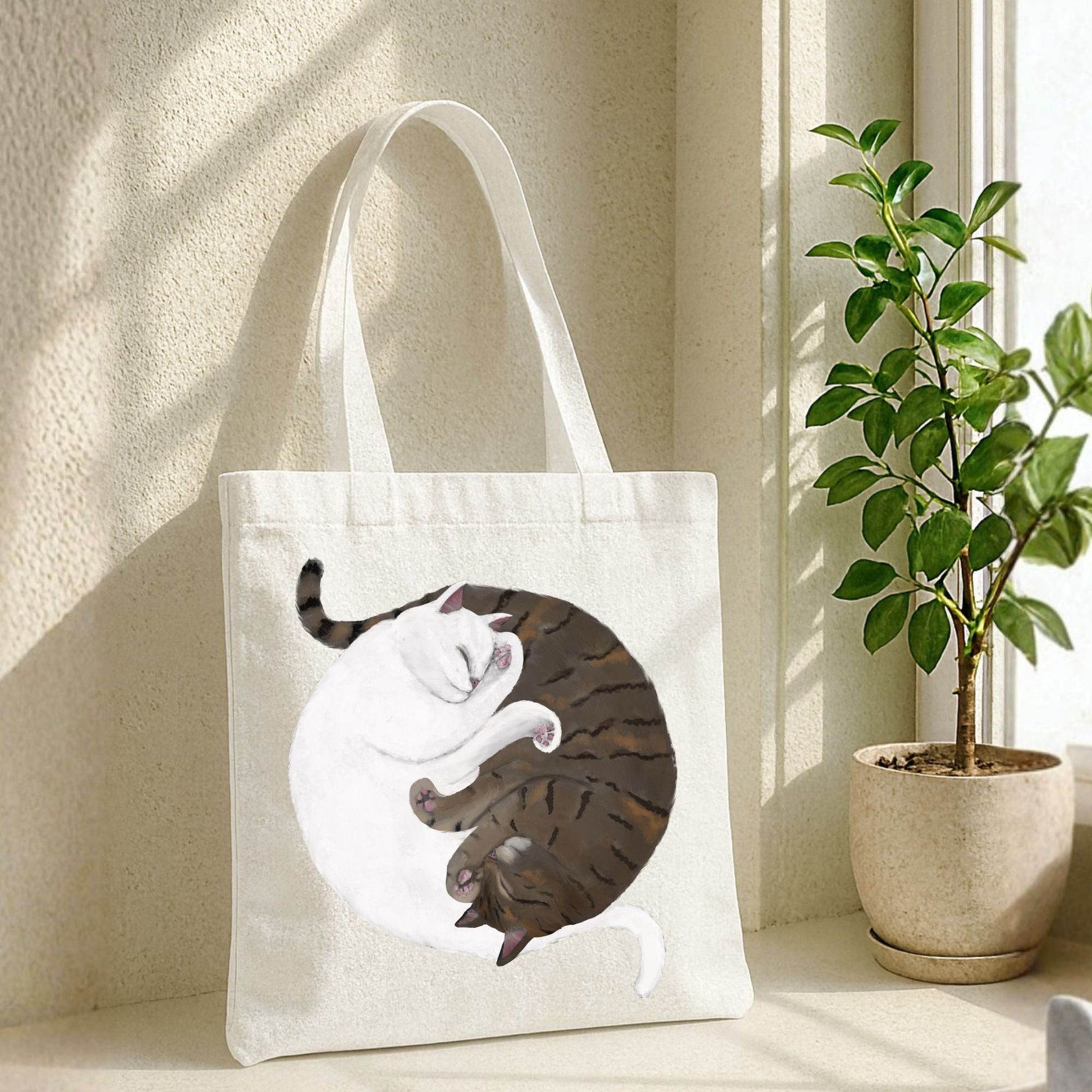 Sleeping White and Brown Tabby Cats Canvas Tote Bag - MerikaArt