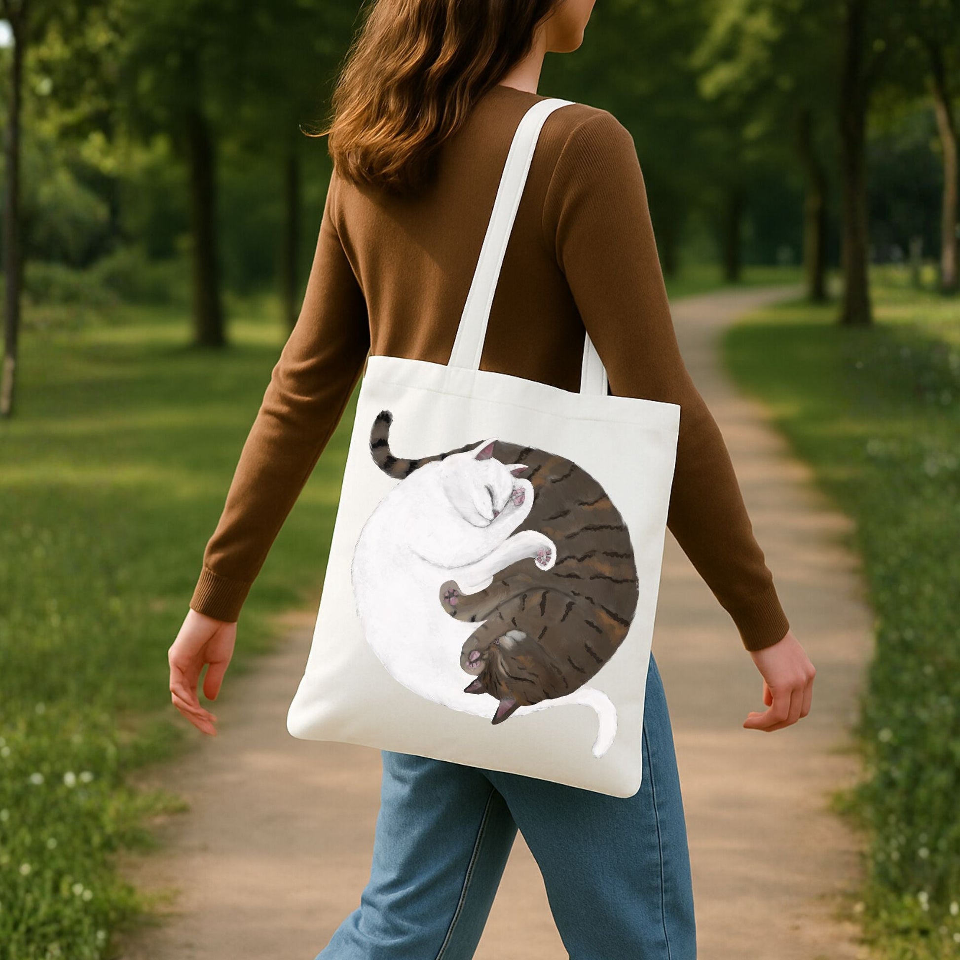 Sleeping White and Brown Tabby Cats Canvas Tote Bag - MerikaArt