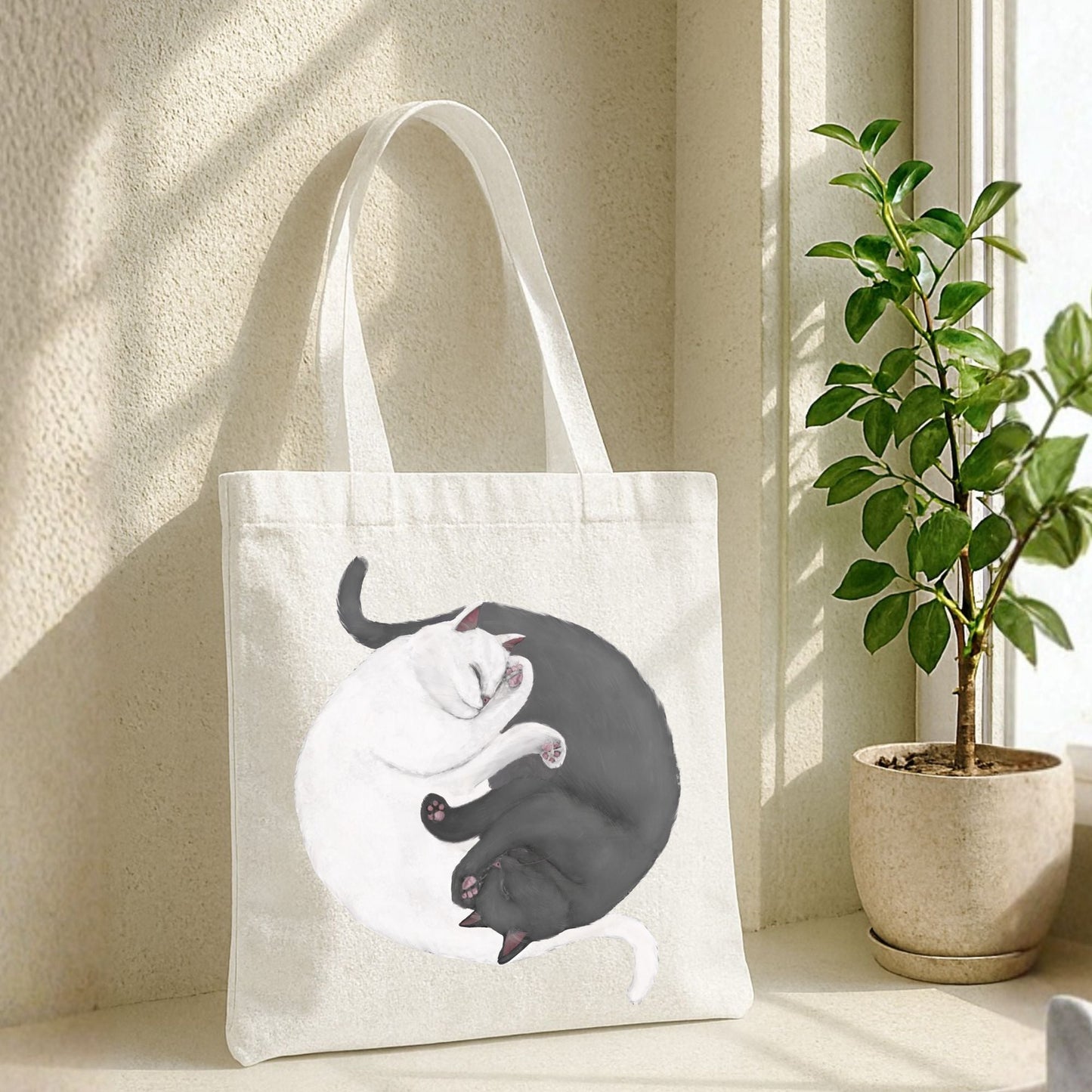 Sleeping White and Gray Cats Canvas Tote Bag - MerikaArt