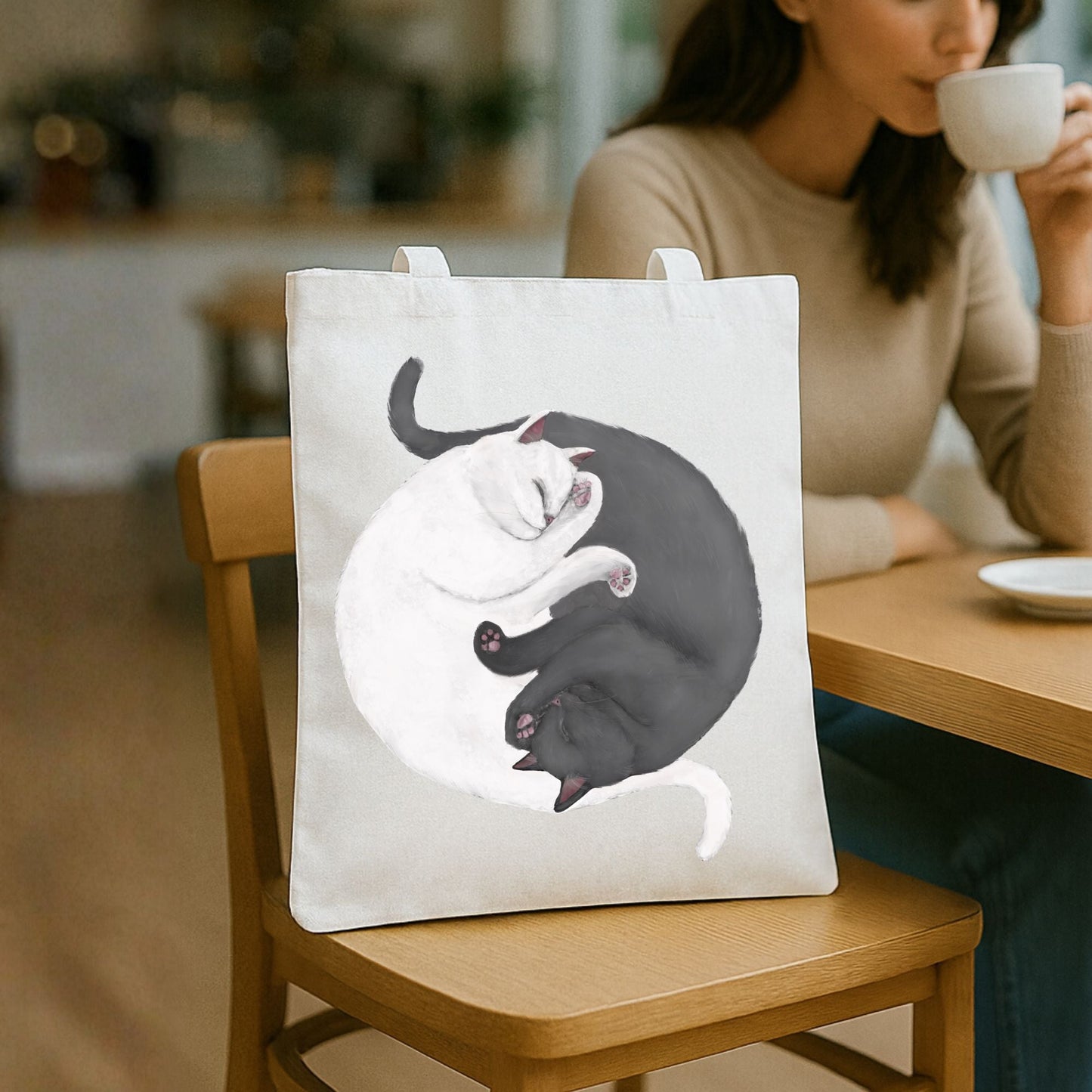 Sleeping White and Gray Cats Canvas Tote Bag - MerikaArt