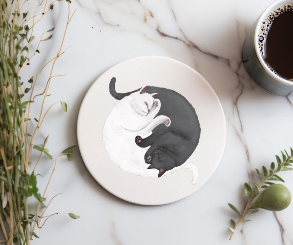 Sleeping White and Gray Cats Ceramic Coaster - MerikaArt