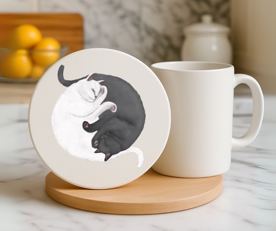Sleeping White and Gray Cats Ceramic Coaster - MerikaArt