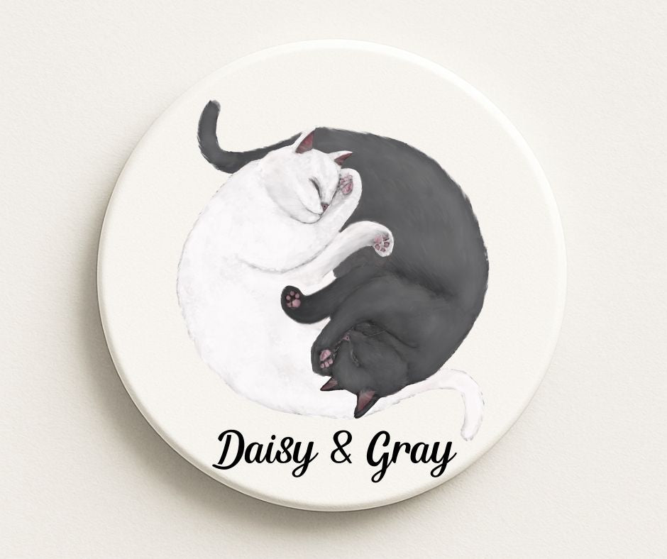 Sleeping White and Gray Cats Ceramic Coaster - MerikaArt