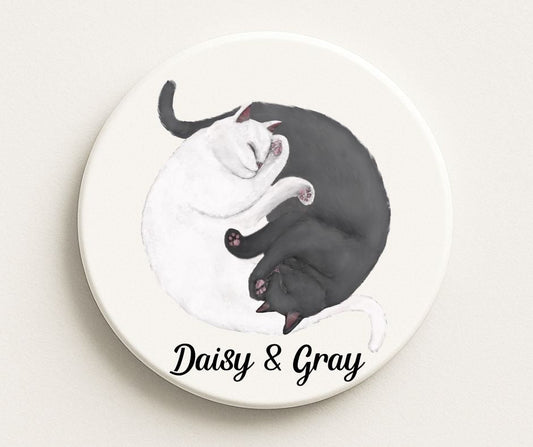 Sleeping White and Gray Cats Ceramic Coaster - MerikaArt