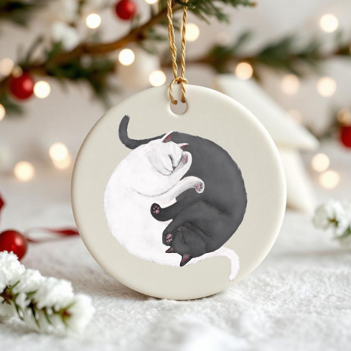 Sleeping White And Gray Cats Ceramic Ornament - MerikaArt