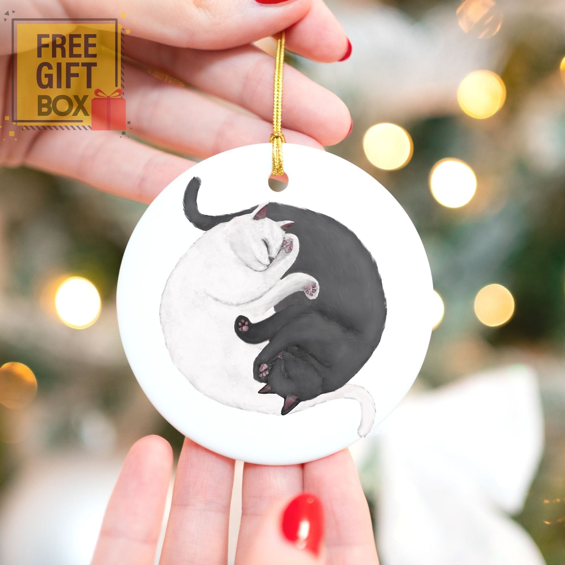 Sleeping White And Gray Cats Ceramic Ornament - MerikaArt