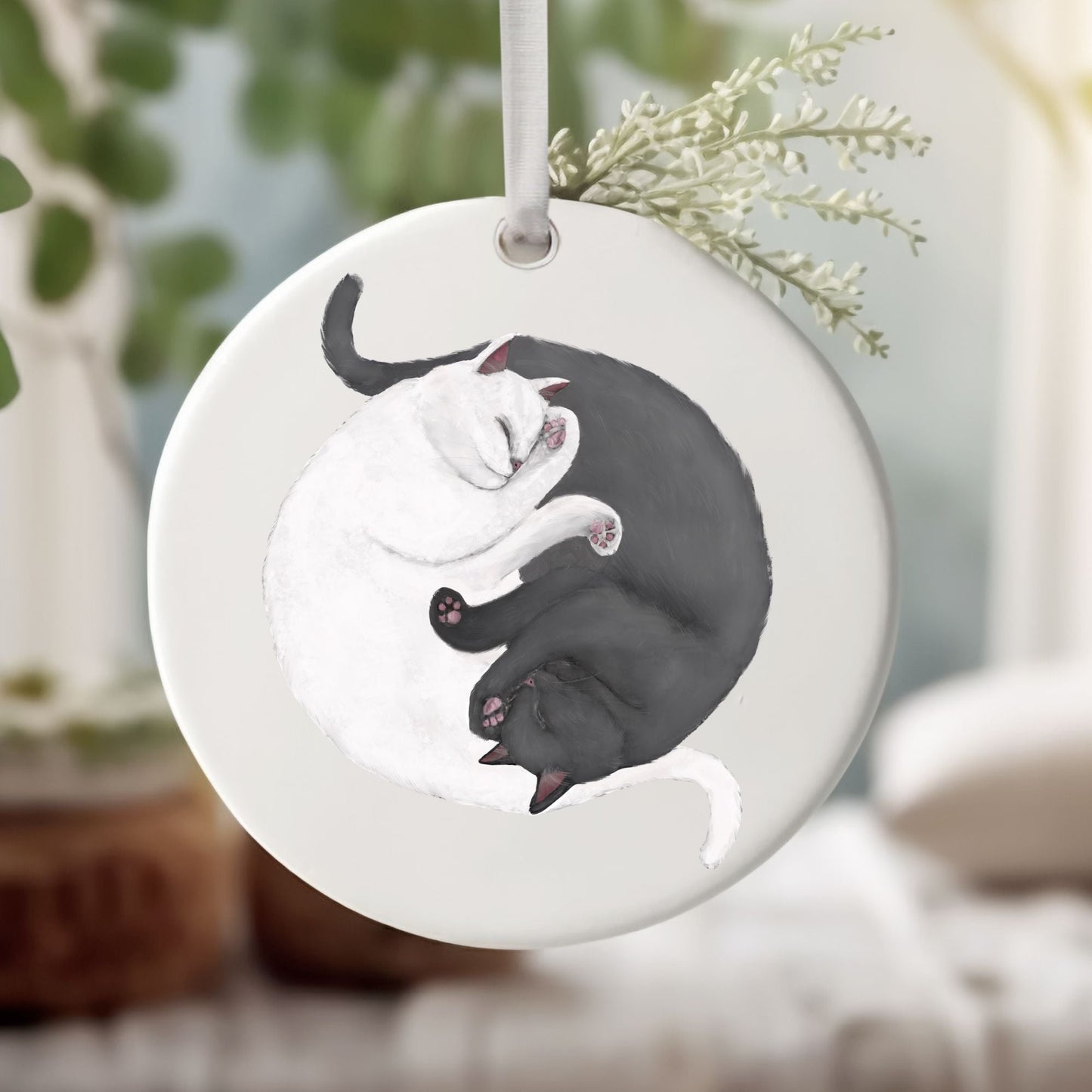 Sleeping White And Gray Cats Ceramic Ornament - MerikaArt