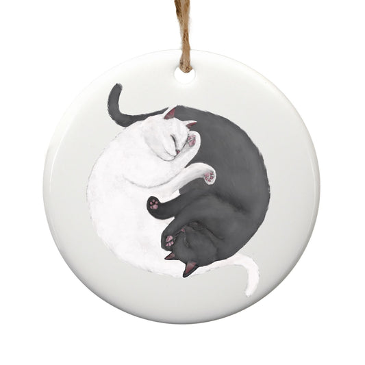 Sleeping White And Gray Cats Ceramic Ornament - MerikaArt